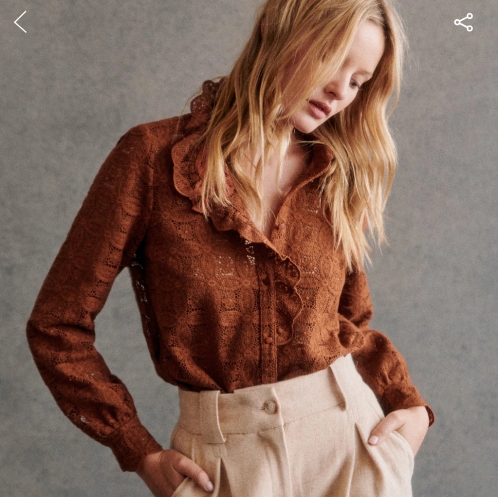 Sezane Chlo Chocolate Guipure Long Sleeve Button Down FR40 US8